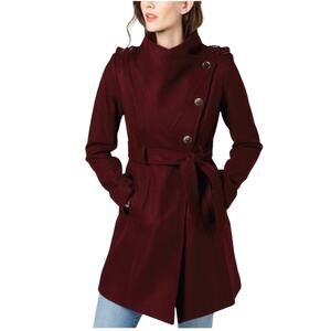 GUESS Wine Red Maroon Asymmetrical Belted Wool Jacket Peacoat Gold Buttons Small